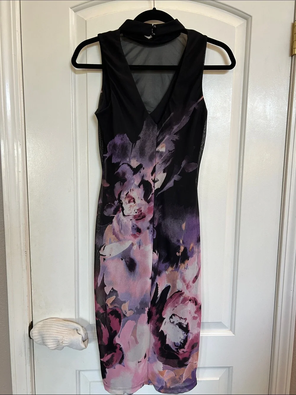 VENUS Black Floral Midi Dress with Purple and Pink Wash